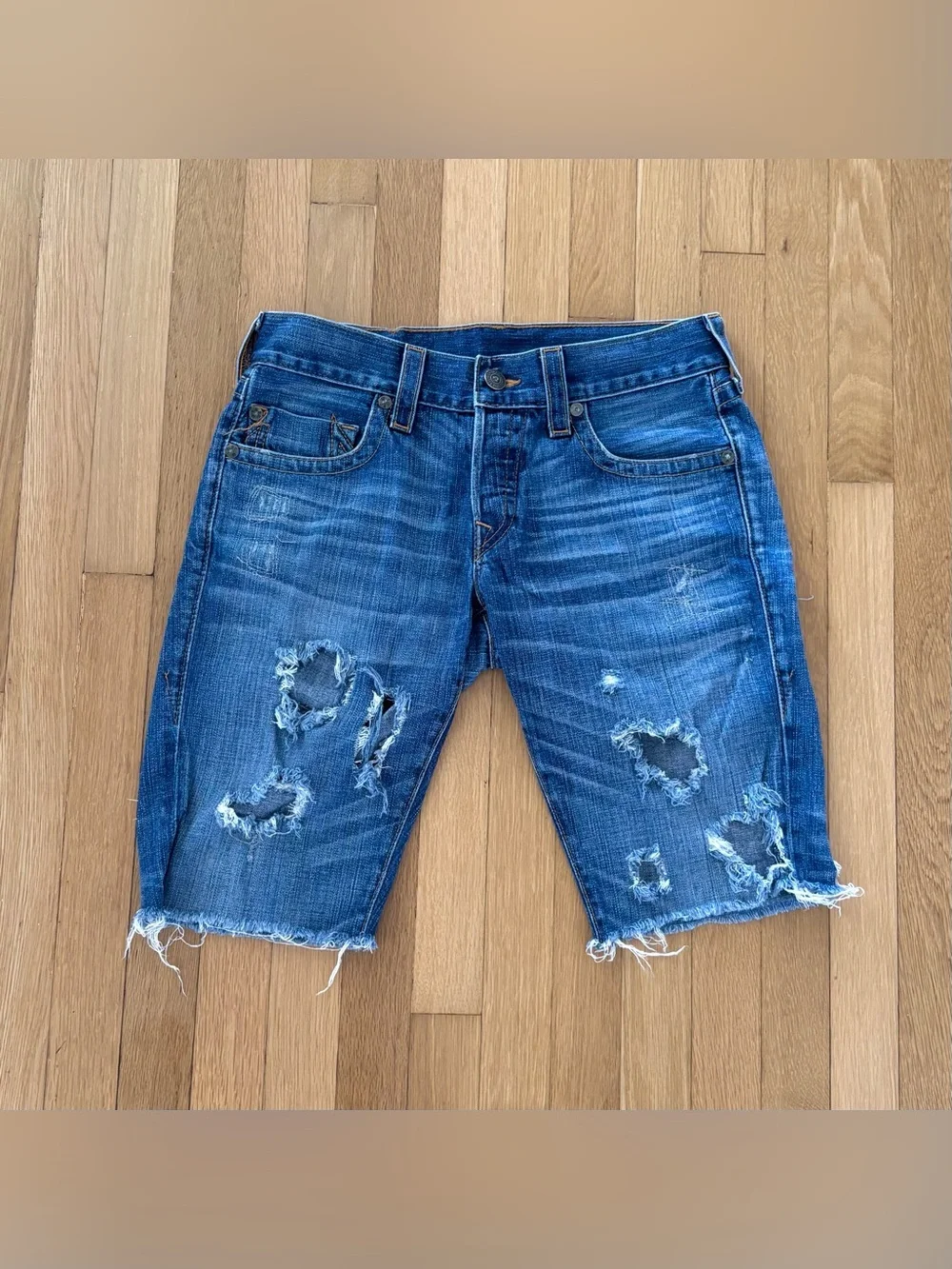 Vintage True Religion Geno Pony Hair Patch Distressed Denim Jorts Cutoff 31/32